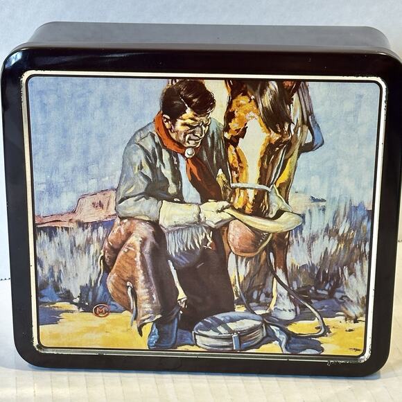Vintage Western Cowboy Tin Box Made in WESTERN GERMANY Cowboy & Horse Artwork - Picture 3 of 12
